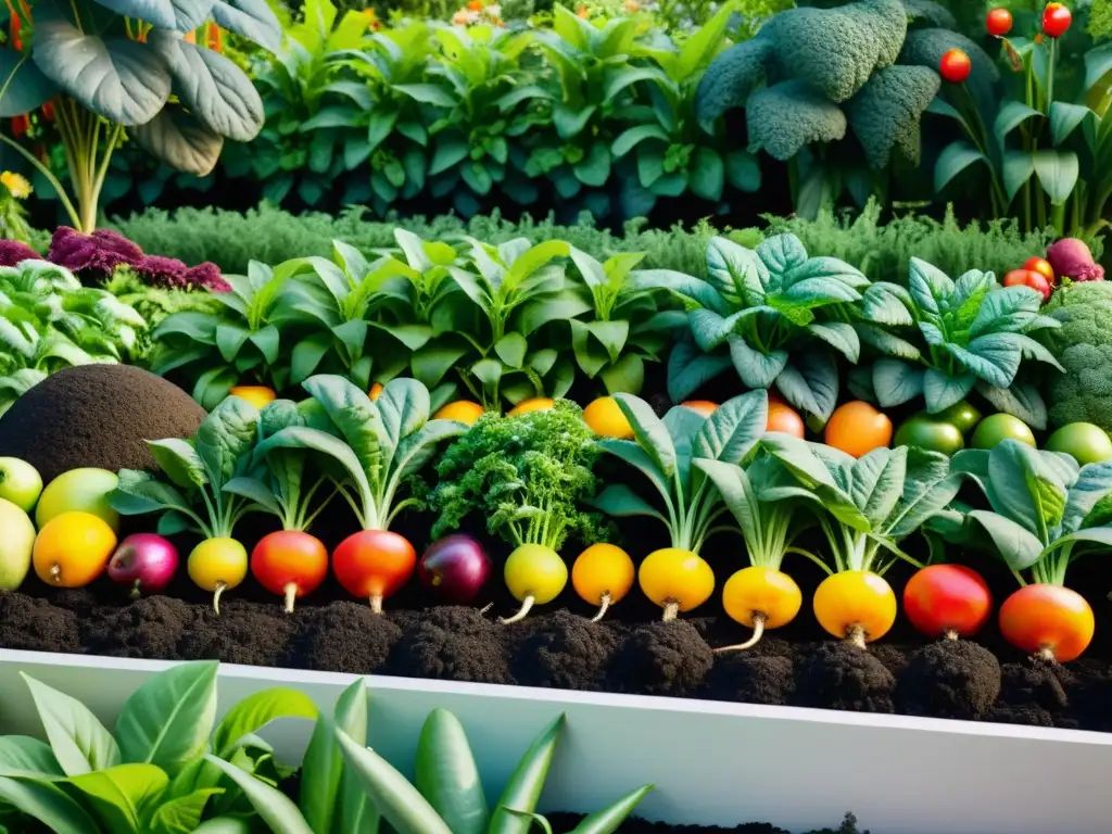 Un jardín exuberante y vibrante con frutas, verduras y flores