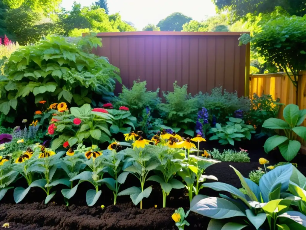 Un jardín exuberante y vibrante, repleto de flores, frutas y hortalizas, todo prosperando en tierra rica y saludable hecha de compost orgánico