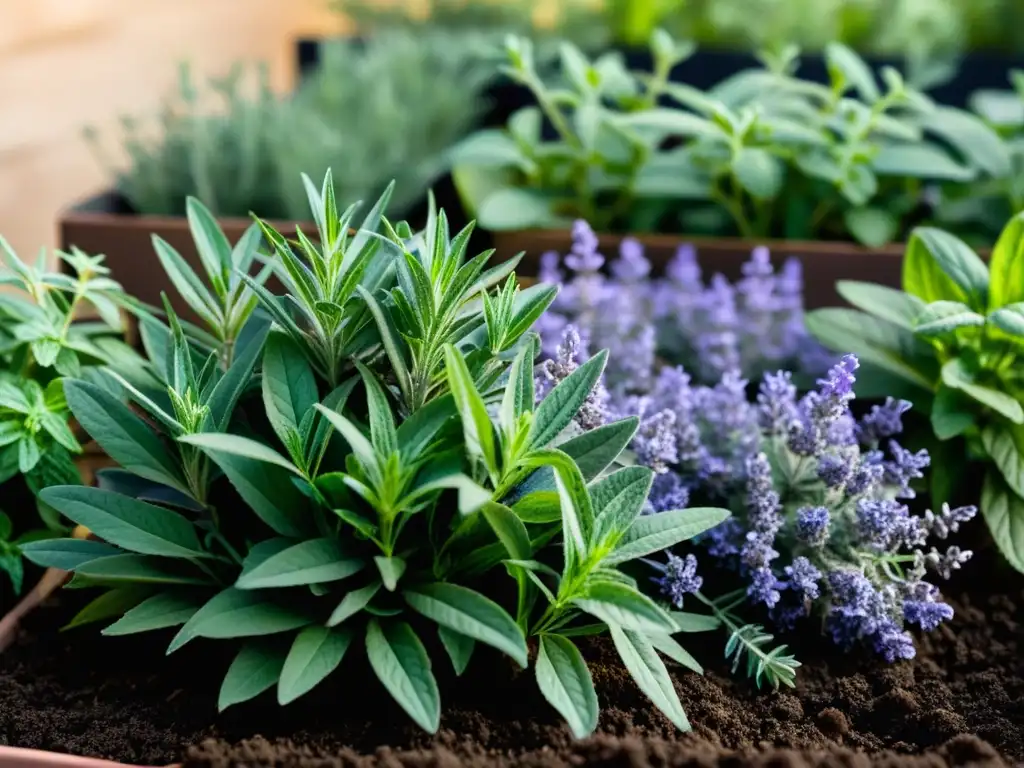 Un jardín de hierbas aromáticas exuberante y armonioso, transmitiendo tranquilidad y abundancia