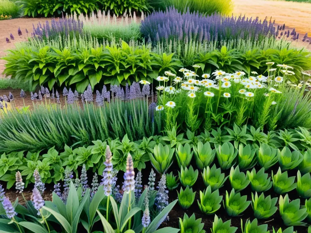 Un jardín de hierbas medicinales orgánicas rebosante de vida y serenidad