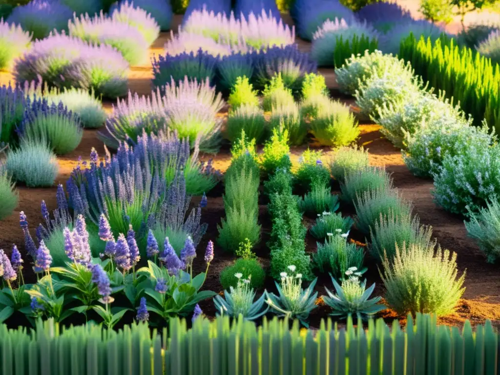 Un jardín de hierbas orgánicas bañado por el sol, con plantas aromáticas como lavanda, romero y tomillo