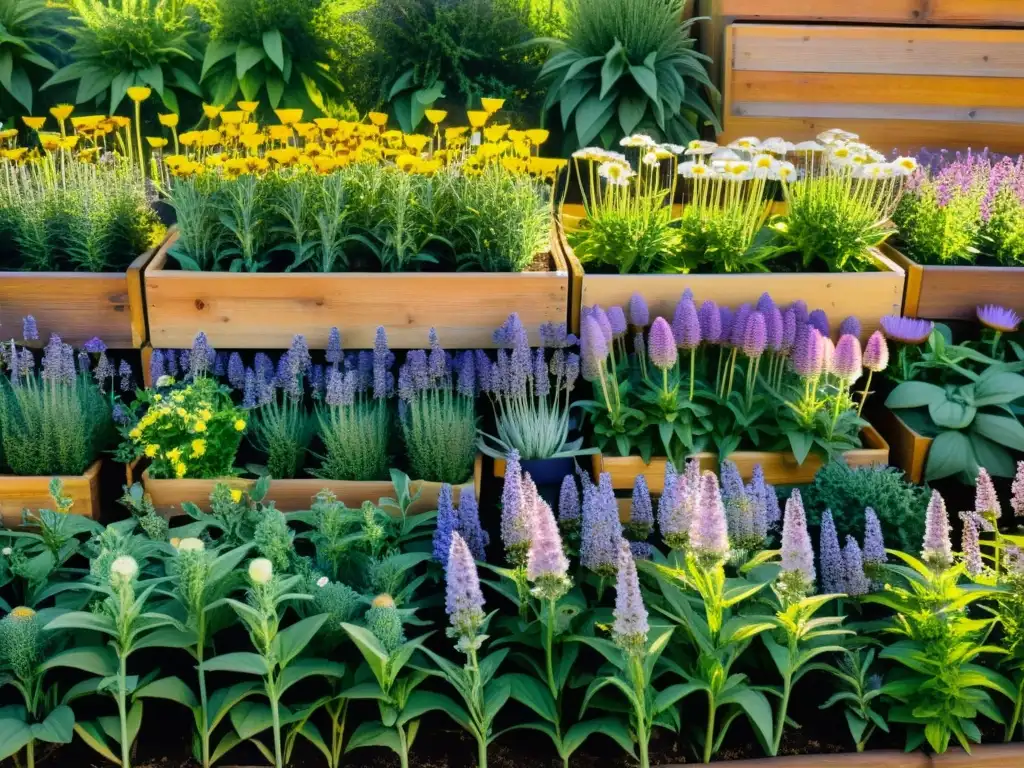 Un jardín de hierbas orgánicas bañado en luz dorada, con plantas medicinales exuberantes exhibiendo sus colores vibrantes y texturas detalladas