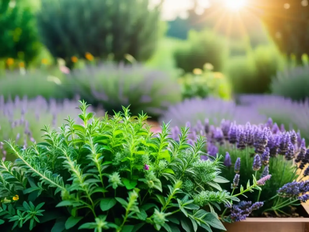 Un jardín de hierbas próspero y detallado, lleno de plantas aromáticas como lavanda, romero y menta