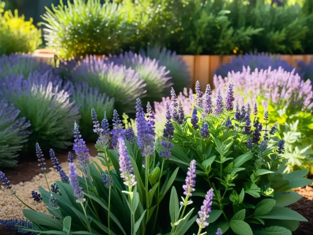 Un jardín de hierbas vibrante y exuberante con plantas aromáticas que controlan plagas