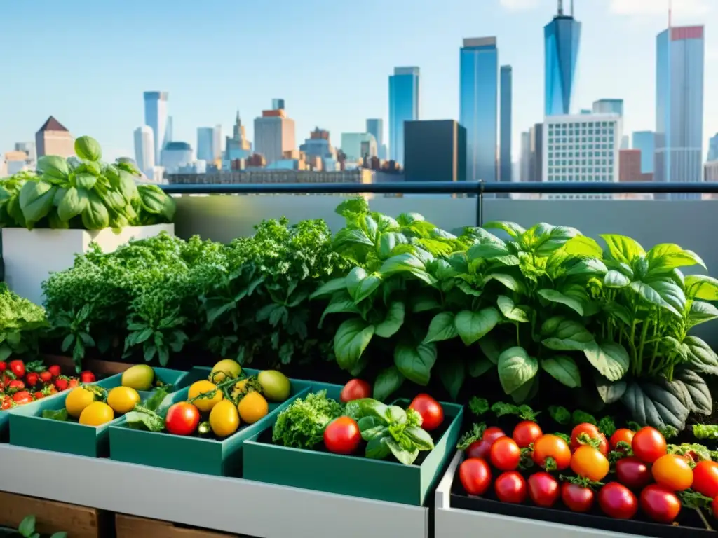 Un jardín de tejado urbano rebosante de vida, con frutas, verduras y hierbas orgánicas, en armonía con la ciudad