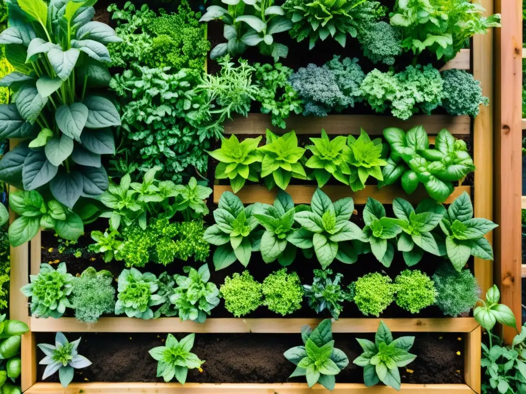 Un jardín urbano repleto de vegetales y hierbas orgánicas, organizado en camas elevadas y maceteros verticales