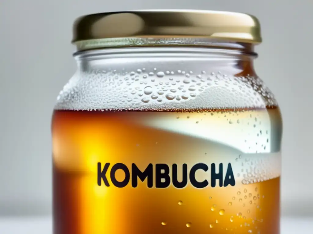 Jarra de kombucha burbujeante, con patrones vibrantes y burbujas, en un fondo blanco, resaltando los beneficios de fermentados orgánicos en dieta