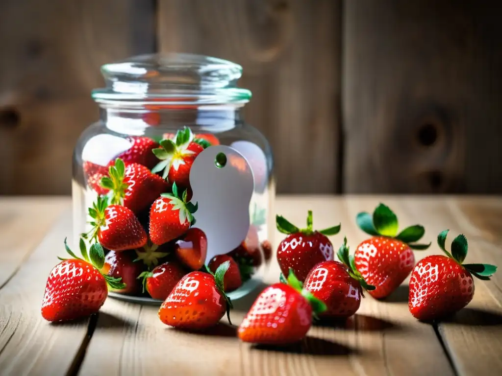 Jarra de vidrio con fresas orgánicas recién cosechadas, resplandecientes y perfectamente dispuestas