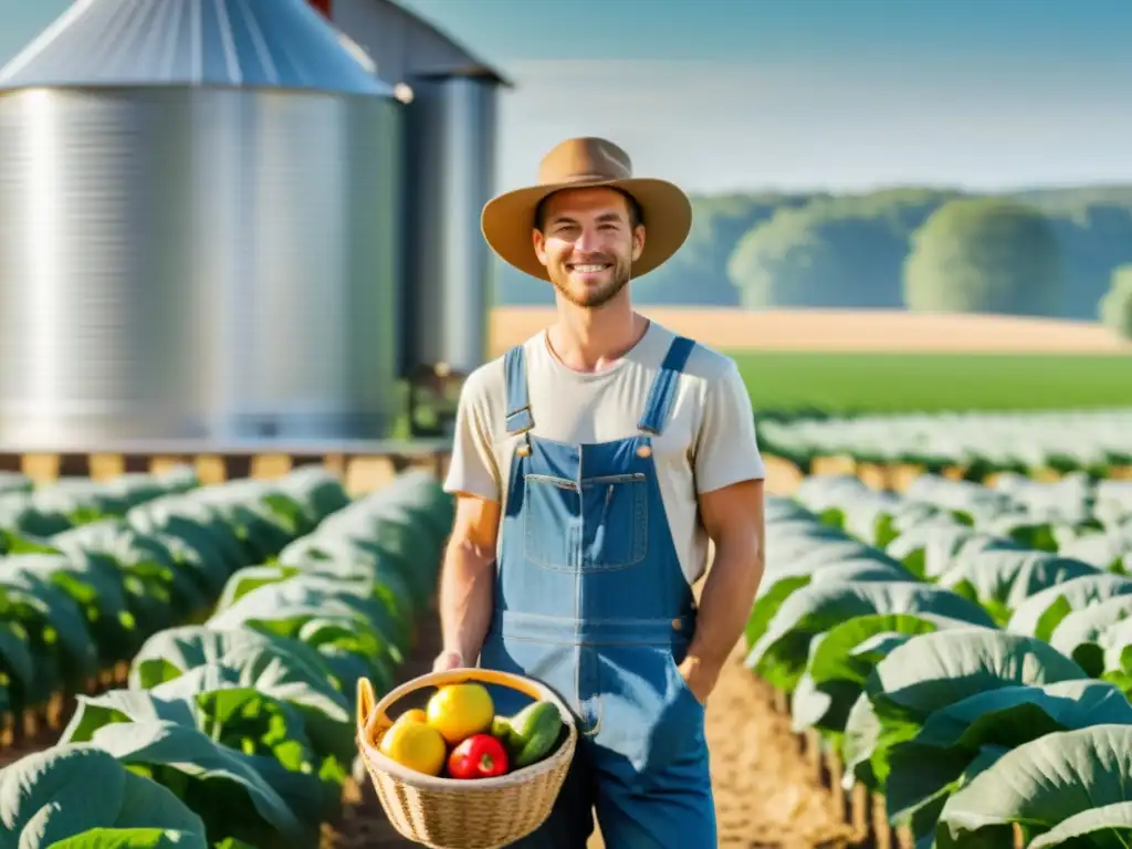 Un joven agricultor en un campo orgánico bañado por el sol, vistiendo overoles de mezclilla y un sombrero de ala ancha