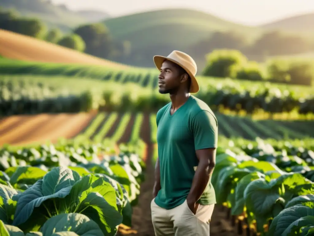 Un joven agricultor inspecciona con determinación la exuberante cosecha en un campo orgánico, demostrando su compromiso con la producción orgánica