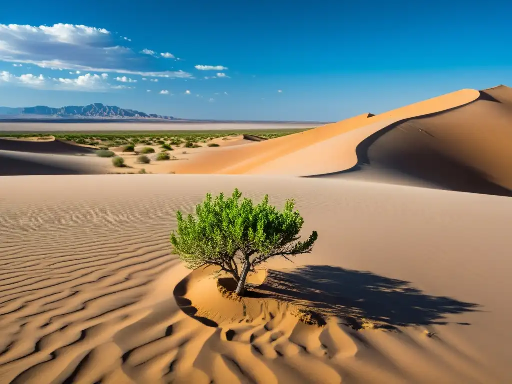 Joven árbol verde sobrevive en el árido desierto, simbolizando la protección de cultivos orgánicos en clima extremo