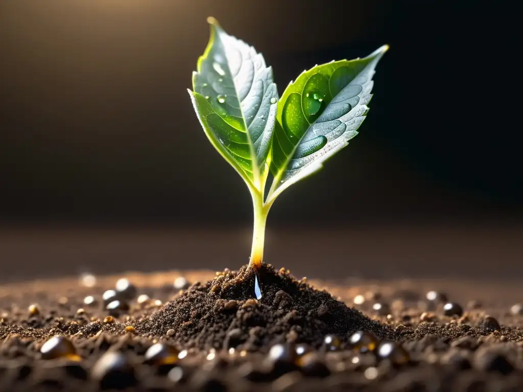 Joven planta orgánica emergiendo de la tierra oscura, con raíces delicadas y gotas de agua