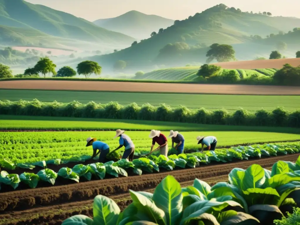 Jóvenes agricultores comprometidos con la producción orgánica, cuidando de sus cultivos en un campo exuberante y soleado