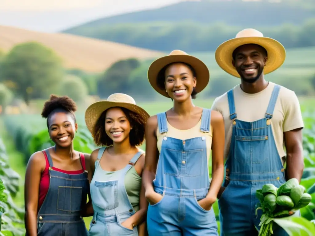 Jóvenes en granja orgánica, cultivando y sonriendo