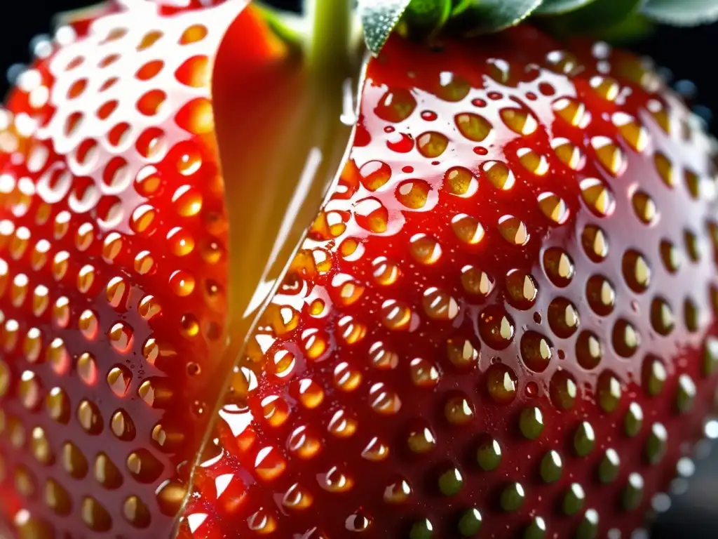 Una jugosa fresa orgánica recién cosechada, con gotas de agua que realzan su color rojo intenso