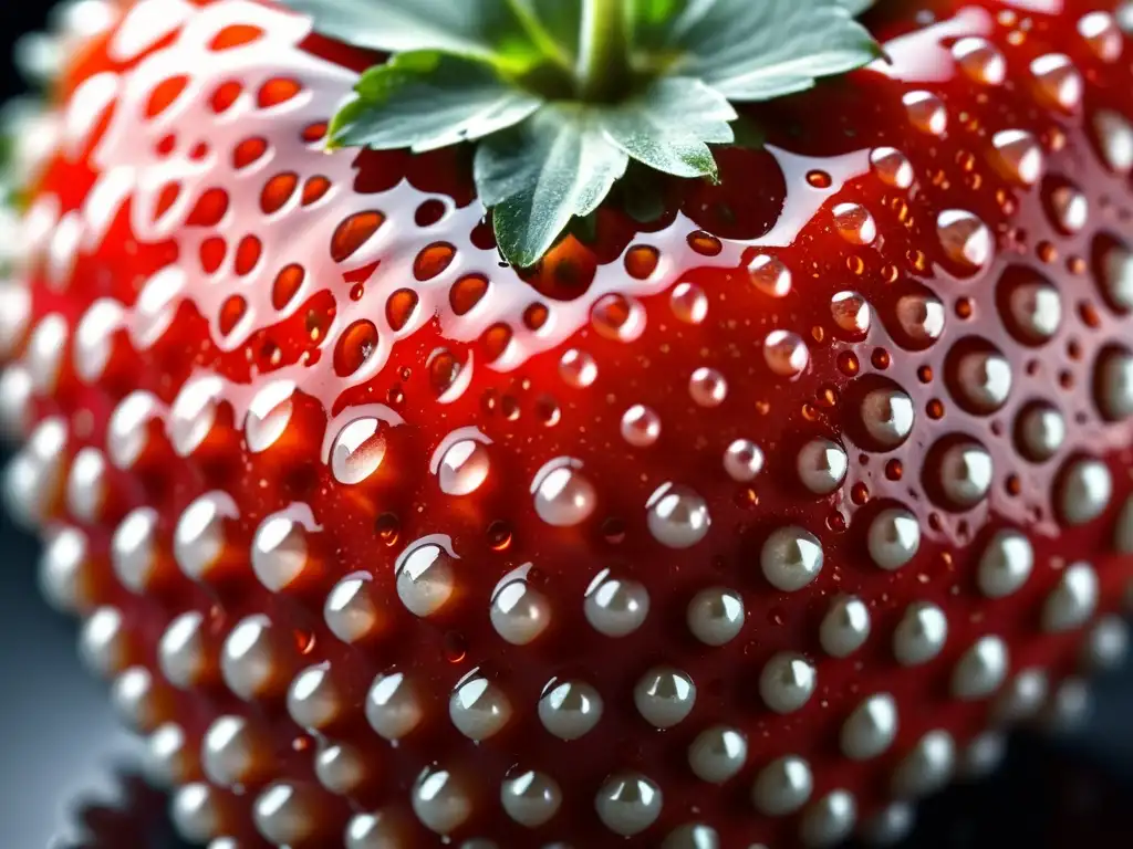 Una jugosa fresa orgánica con gotas de agua, resaltando su color rojo vibrante y textura