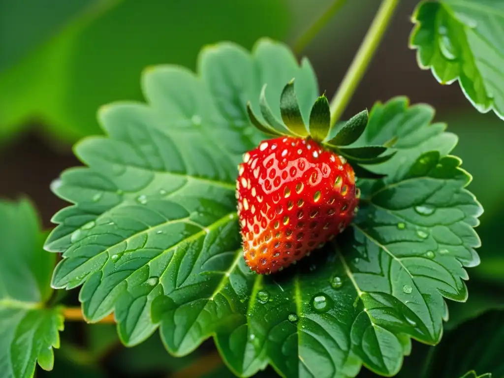 Una jugosa fresa orgánica descansando sobre hojas verdes vibrantes, exudando pureza y belleza natural