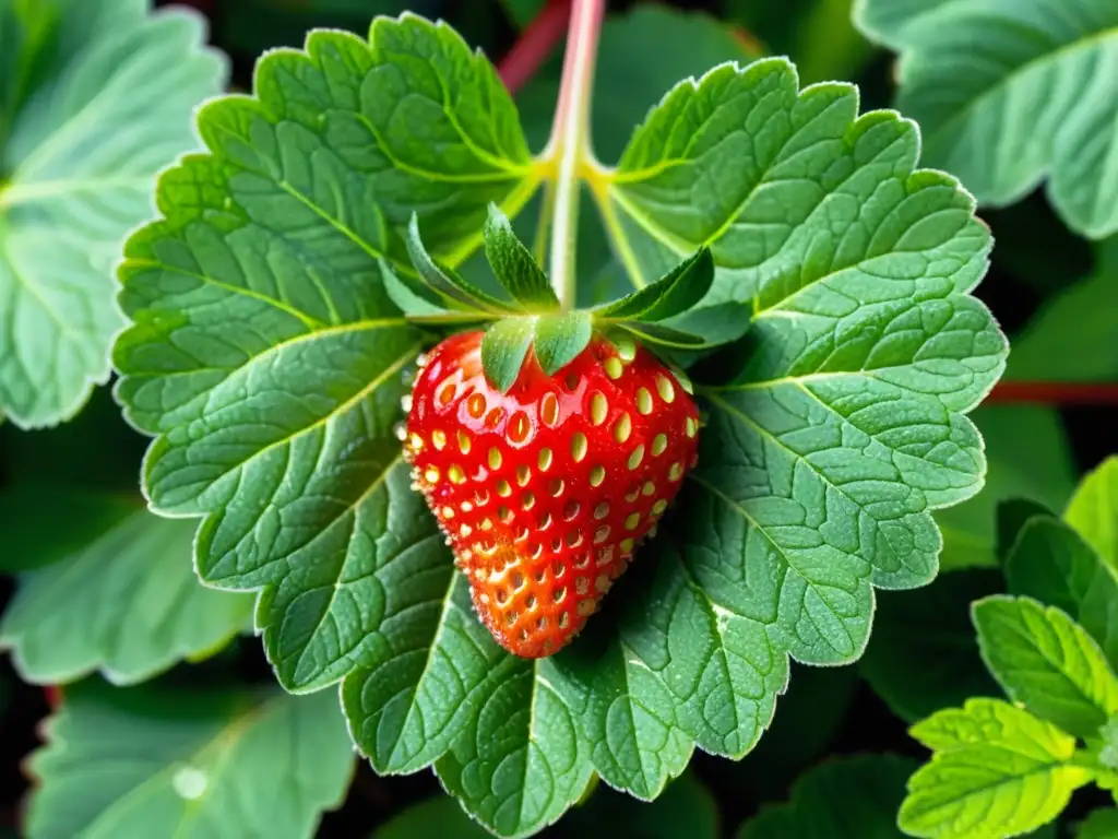 Una jugosa fresa orgánica sobre hojas de menta, con detalles ultra definidos