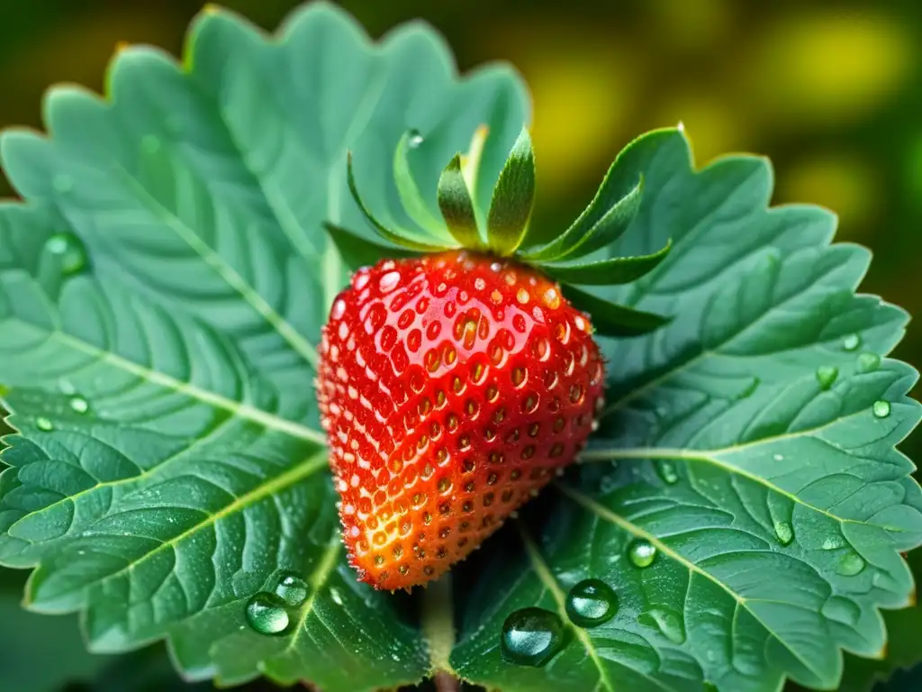 Una jugosa fresa orgánica descansa sobre hojas verdes, con gotas de agua que realzan su frescura y detalles