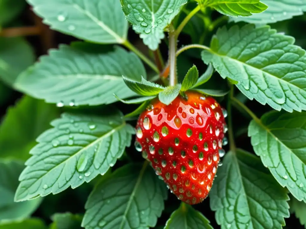 Una jugosa fresa roja y brillante sobre hojas de menta fresca, capturando la vitalidad de los alimentos orgánicos para la piel