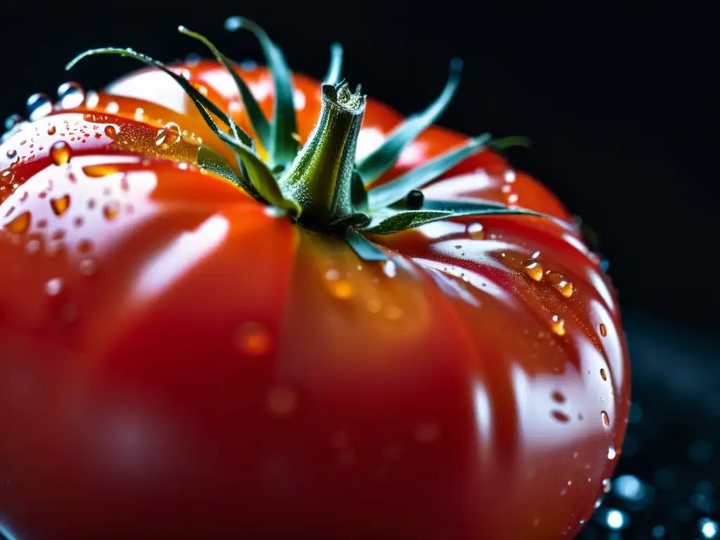 Una jugosa y madura tomate con gotas de agua brillando sobre su piel, destacando su belleza natural