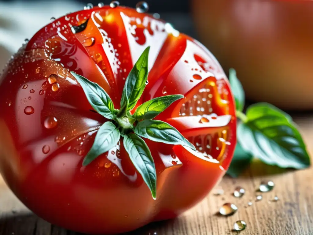 Una jugosa y madura tomate rojo con gotas de agua sobre su piel, en una tabla de cortar de madera con hojas de albahaca y sal marina