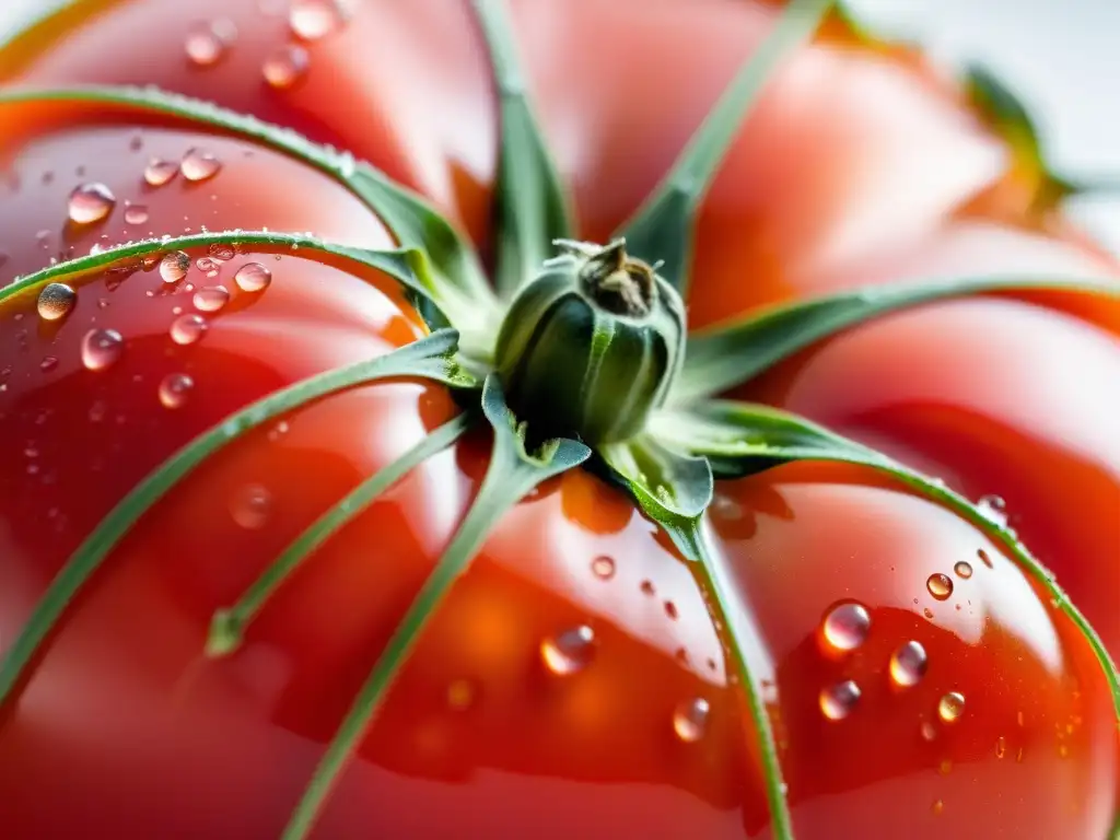 Una jugosa y vibrante imagen de un tomate orgánico recién cosechado, con detalles ultra definidos