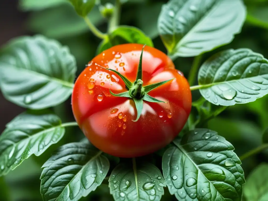 Una jugosa y vibrante imagen de un tomate rojo sobre hojas verdes de albahaca