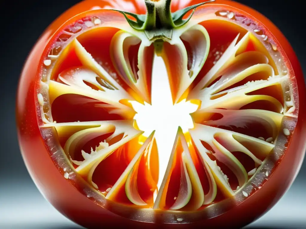 Una jugosa y vibrante imagen de un tomate maduro siendo cortado, revelando su interior rojo y sus patrones de semillas