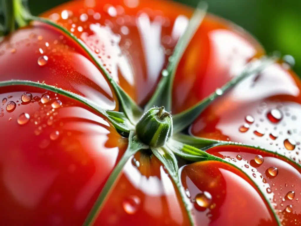 Una jugosa y vibrante tomate orgánico recién cosechado, con gotas de agua resplandeciendo en su piel suave y perfecta