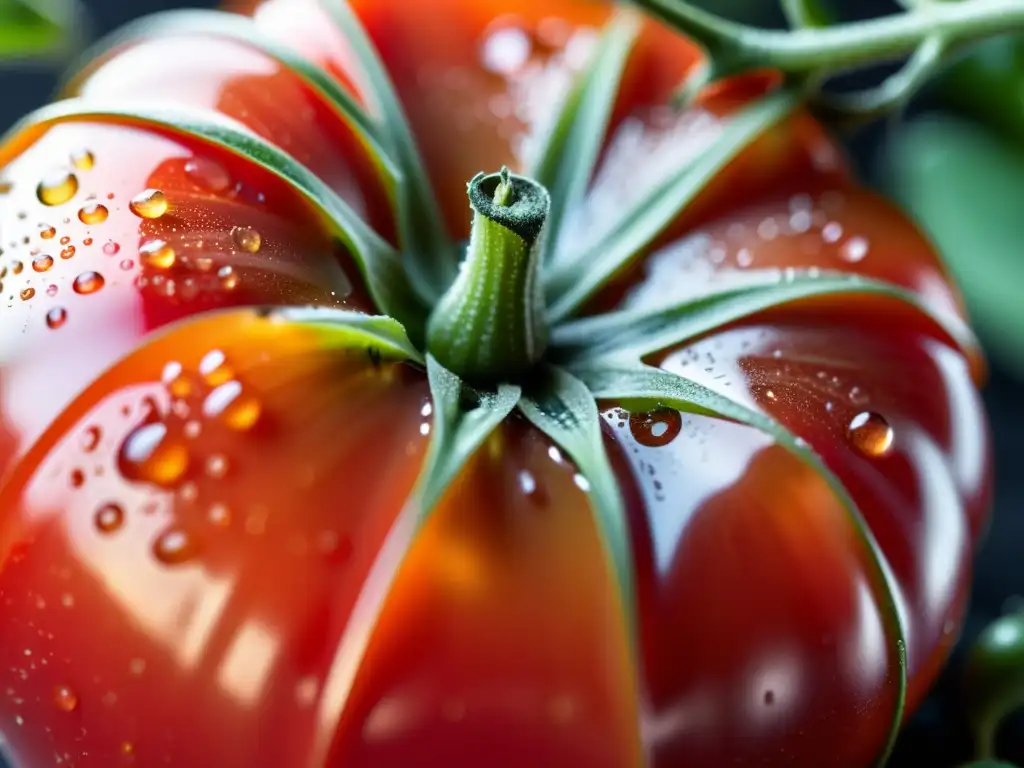 Una jugosa y vibrante tomate orgánico suspendido en el aire, iluminado por luz natural, con gotas de agua en su superficie