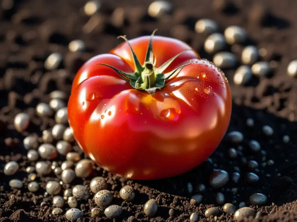 Una jugosa y vibrante tomate rojo sobre tierra fértil, con gotas de agua brillando al sol