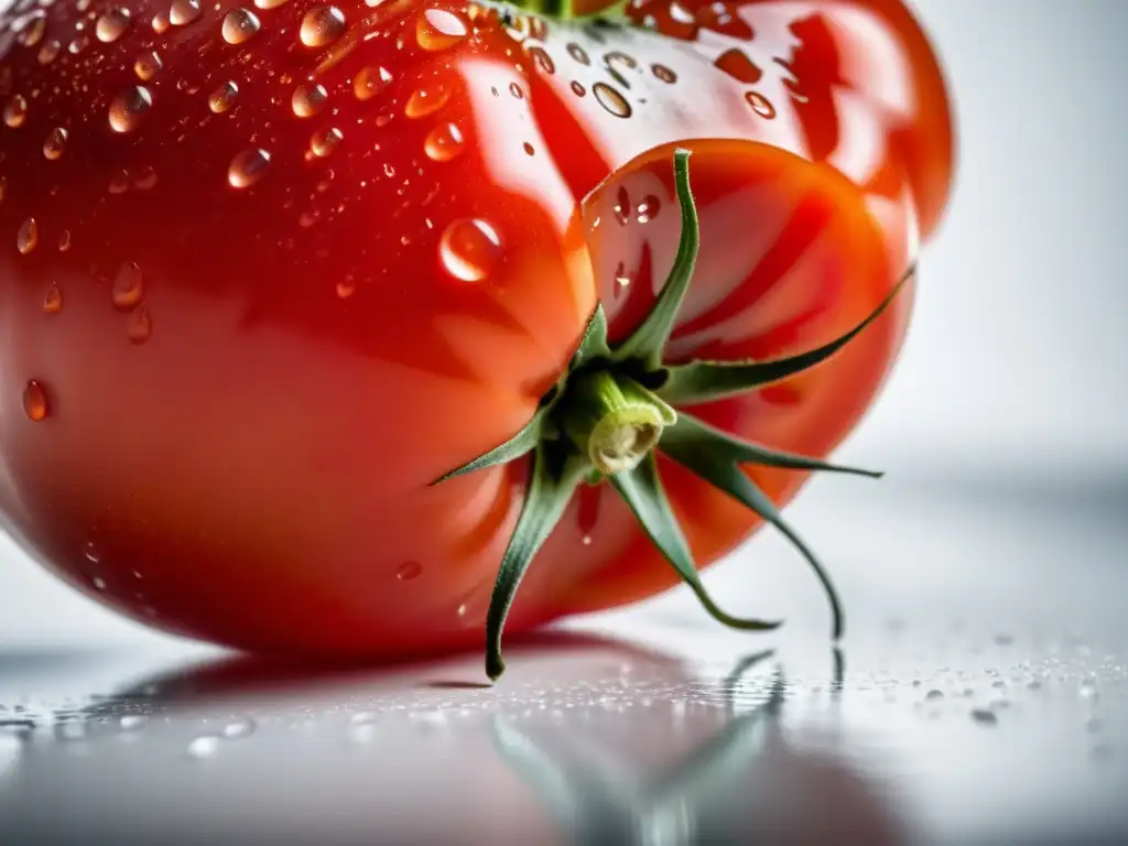 Una jugosa y vibrante tomate rojo en una superficie blanca, resaltando su frescura y pureza