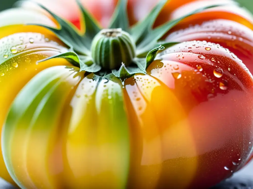 Una jugosa y vibrante variedad de tomate orgánico recién cosechado, con gotas de rocío matutino