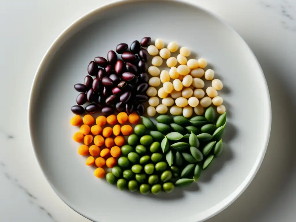 Preparar legumbres orgánicas innovadoras: legumbres orgánicas dispuestas en un patrón geométrico en un plato blanco, con detalle y color vibrante