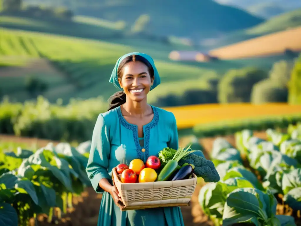 Una líder de la agricultura orgánica serena y poderosa, en un campo exuberante, sosteniendo una cesta de productos frescos