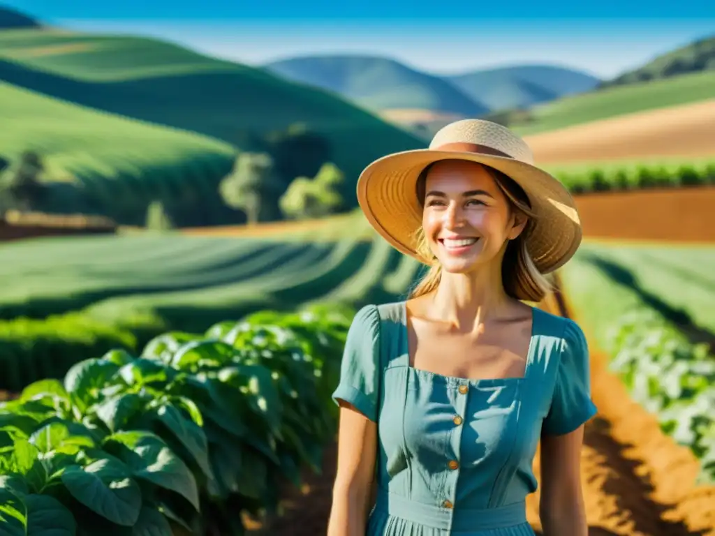 Una líder de agricultura orgánica sonríe en su próspera granja bajo el sol