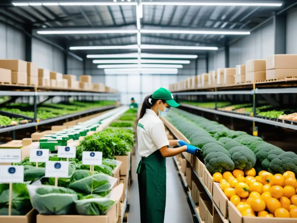 Logística para ecommerce de alimentos orgánicos: almacén moderno, eficiente y sostenible con trabajadores empaquetando pedidos en envases ecológicos, rodeado de productos orgánicos y tecnología de vanguardia