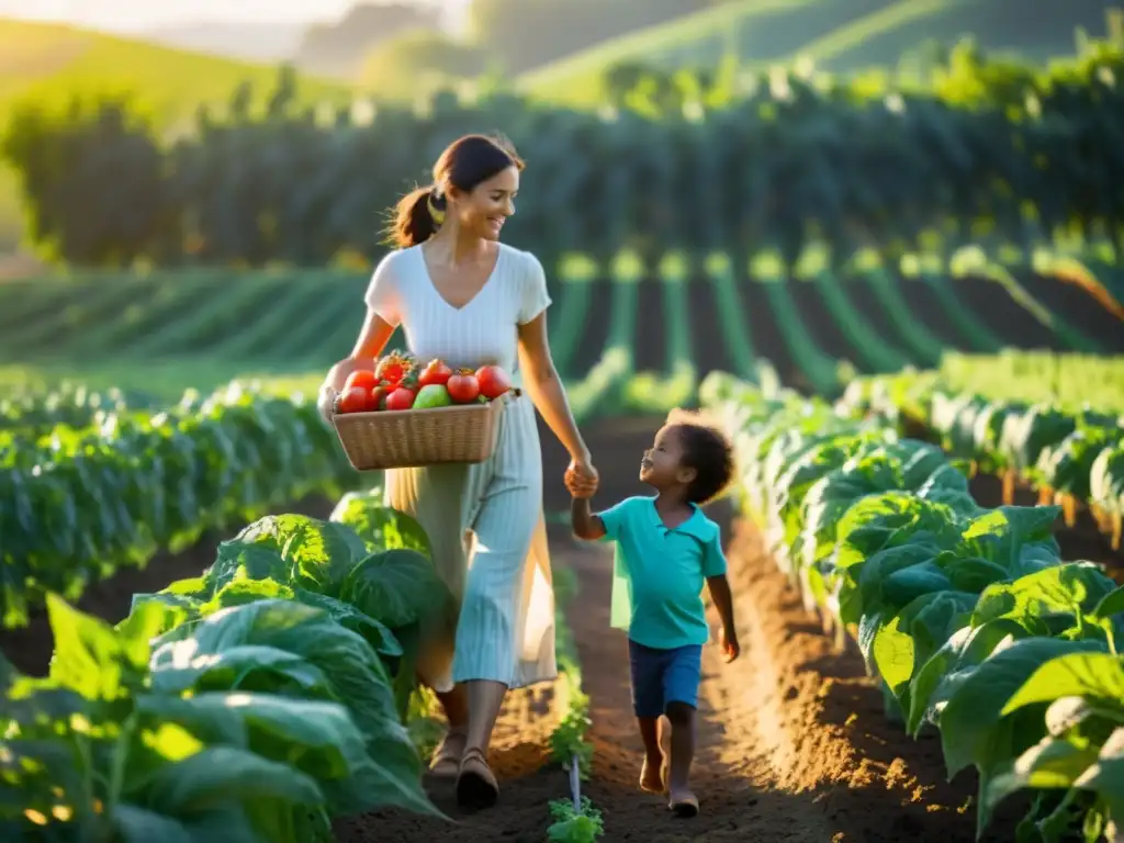 Una madre y su hijo exploran una granja orgánica, disfrutando los beneficios de alimentos orgánicos para niños en un entorno idílico y soleado