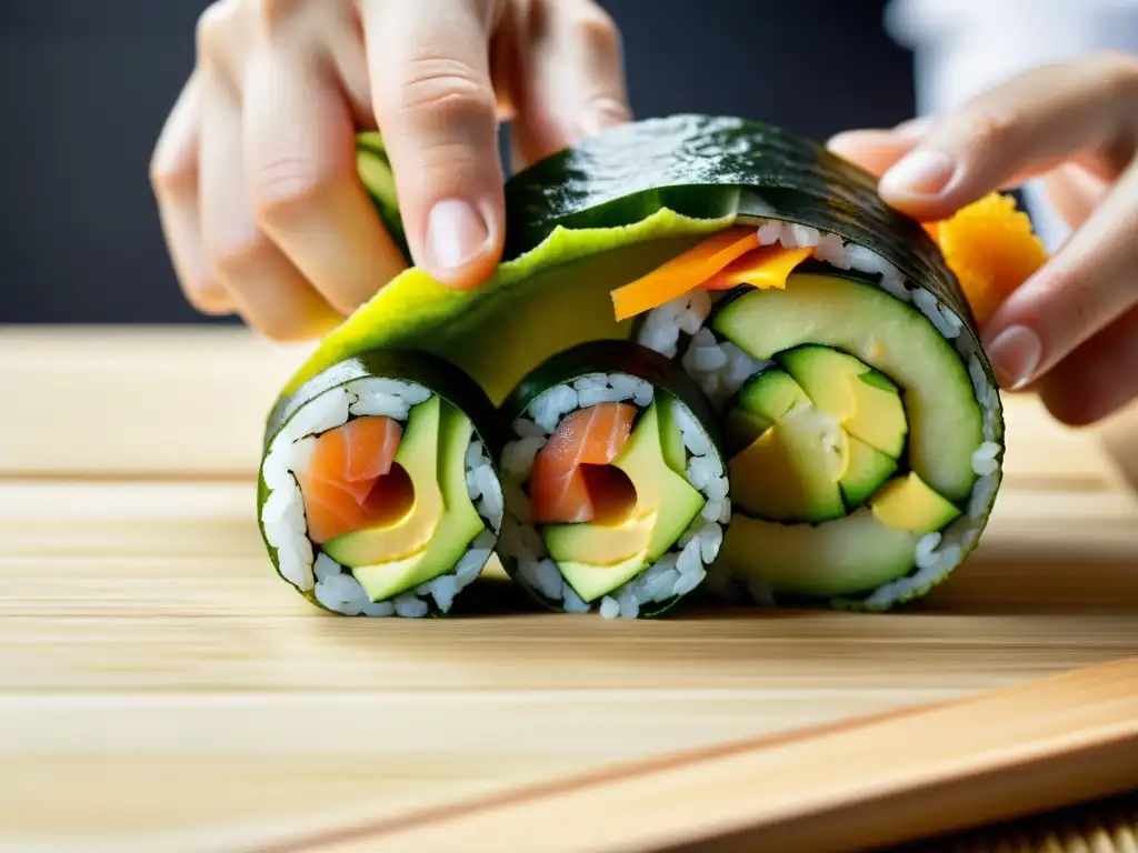 Un maestro sushi preparando sushi con productos orgánicos, destacando la frescura y calidad de los ingredientes