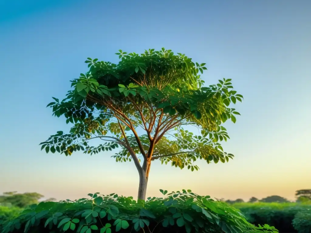 Un majestuoso árbol de moringa en un atardecer dorado, resaltando su cultivo orgánico y los beneficios para la salud