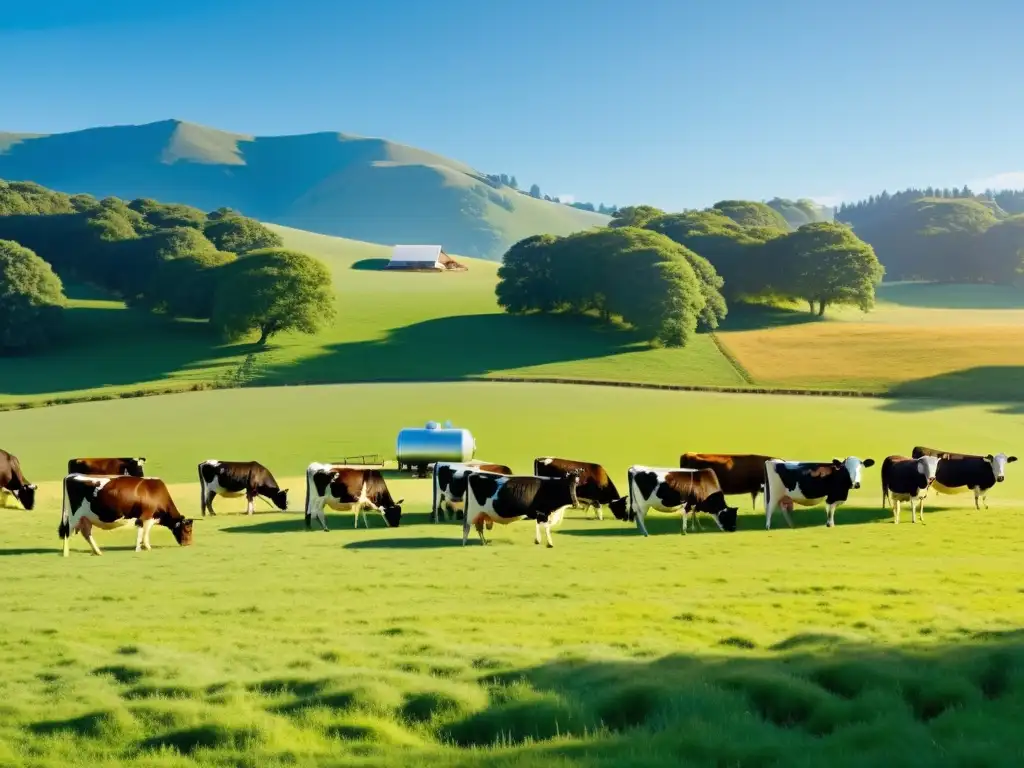 Manejo ganadería orgánica y bienestar animal: Vacas felices pastando en un prado verde bajo el cálido sol, con un sistema de ordeño robótico integrado