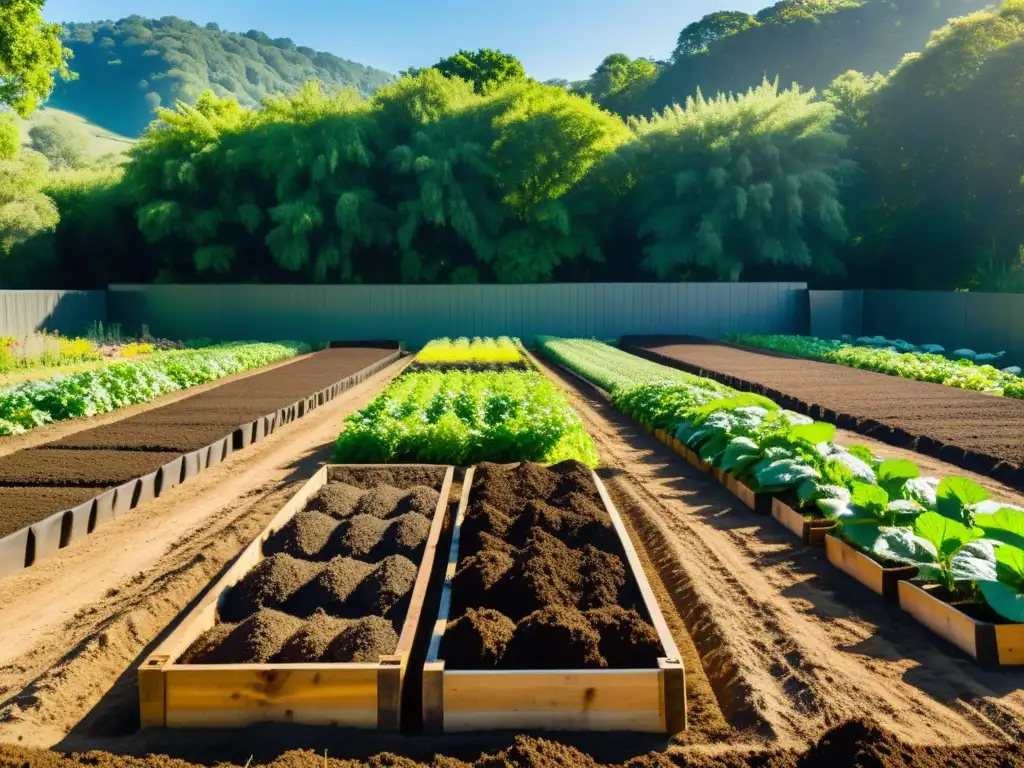 Manejo del desperdicio alimentario orgánico en una granja: compostaje ordenado entre cultivos y flores, bañado por la luz del sol