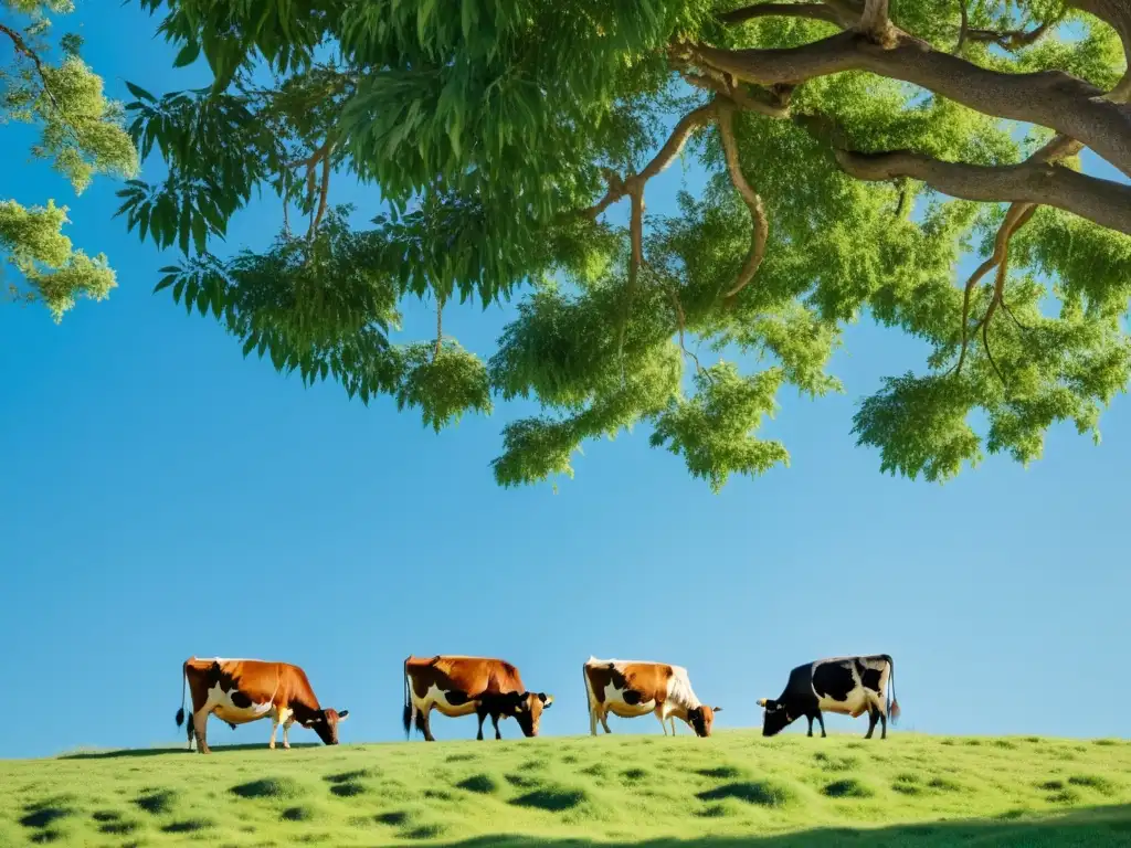 Manejo ético ganado en agricultura orgánica: serena imagen de pasto verde y cielo azul, vacas sanas pastando en armonía y tranquilidad