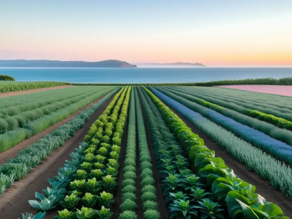 Manejo de granjas orgánicas costeras: Atardecer sereno en una granja con cultivos verdes, mar calmo y cielo pastel