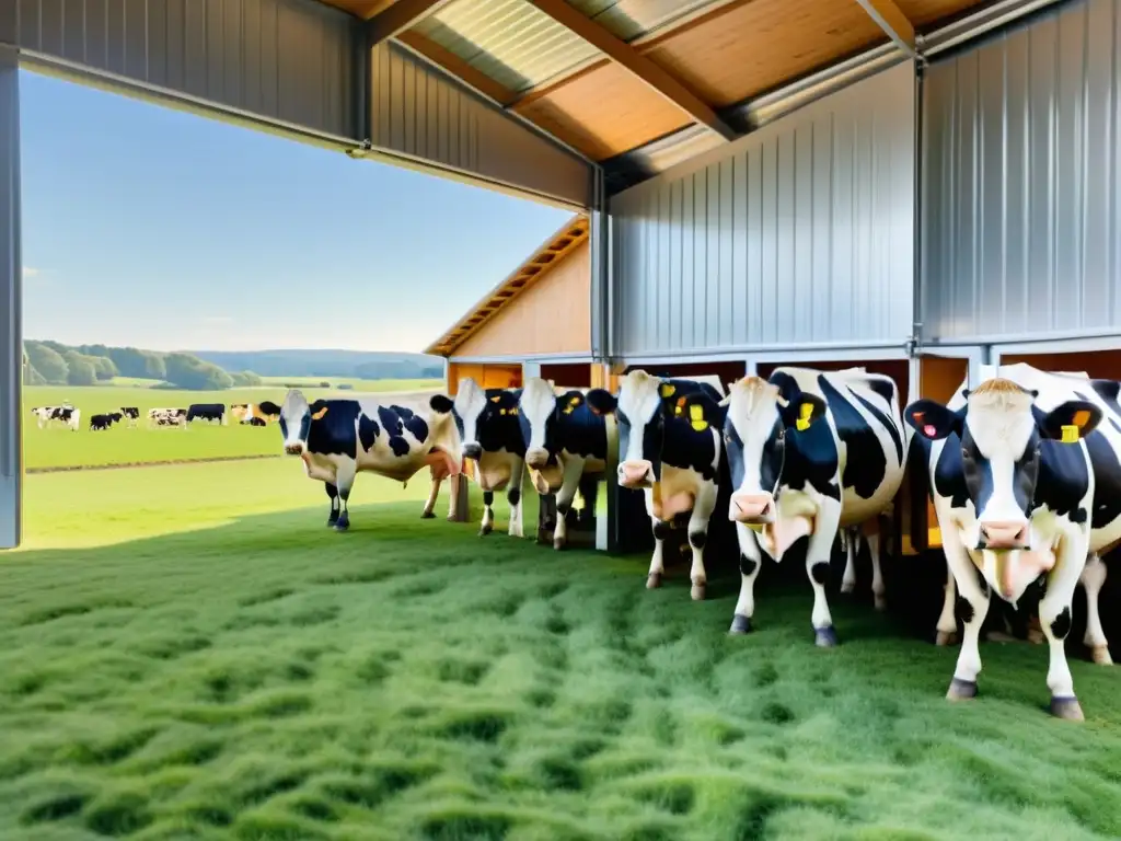 Manejo ganadería orgánica y bienestar animal: Robótica ordeñando vacas felices en un entorno tranquilo y natural