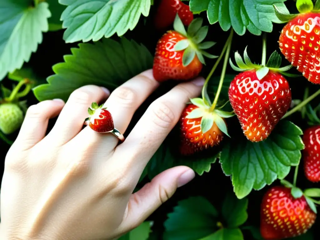 Una mano con anillo de plata inspecciona y selecciona fresas orgánicas vibrantes y maduras, en un ambiente natural y auténtico