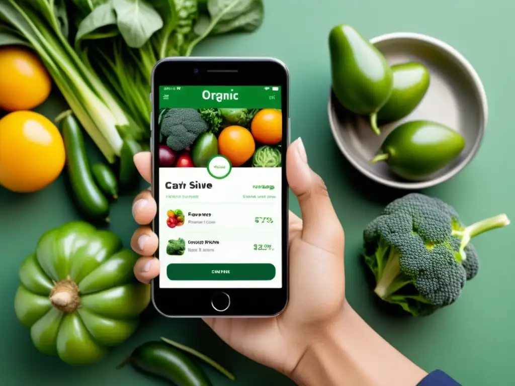 Mano con anillo sujeta smartphone con app de alimentos orgánicos