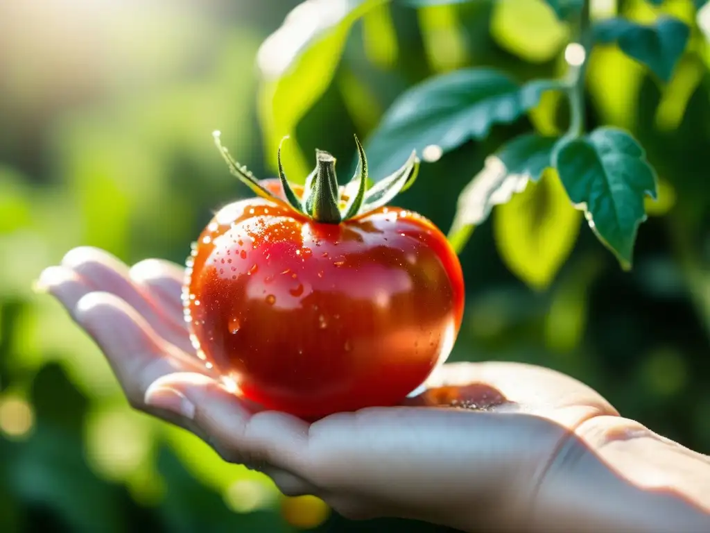 Una mano de cliente sostiene un tomate rojo vibrante recién recogido, con gotas de agua brillando en su piel