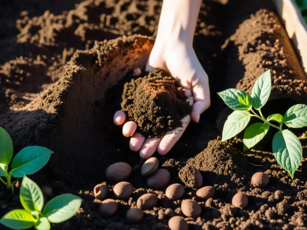 Mano esparciendo compost y mulch en jardín permacultura, técnicas conservación humedad suelo